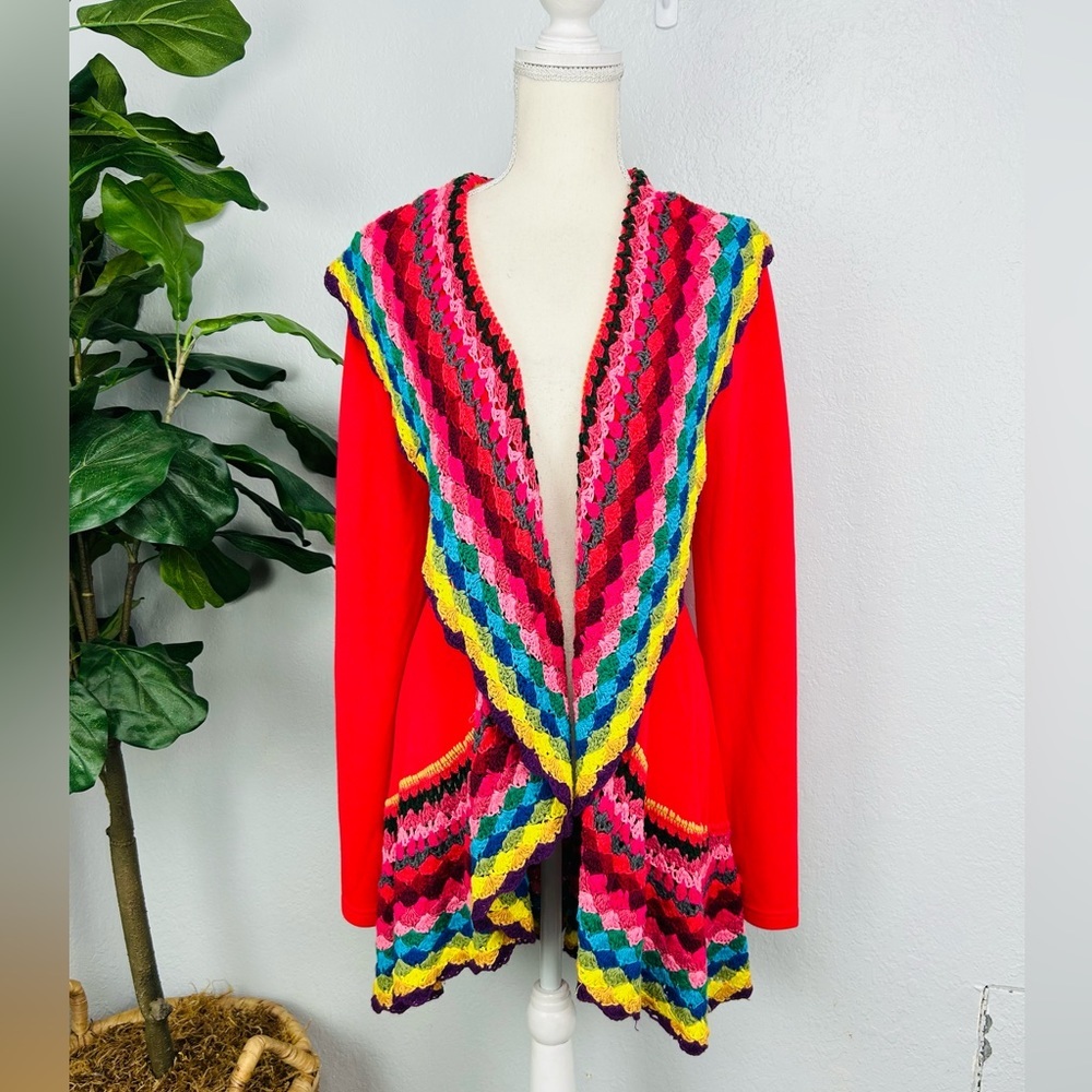 Double Zero Rainbow Crochet Cardigan Women’s Size Medium Red Multicolor Longline
